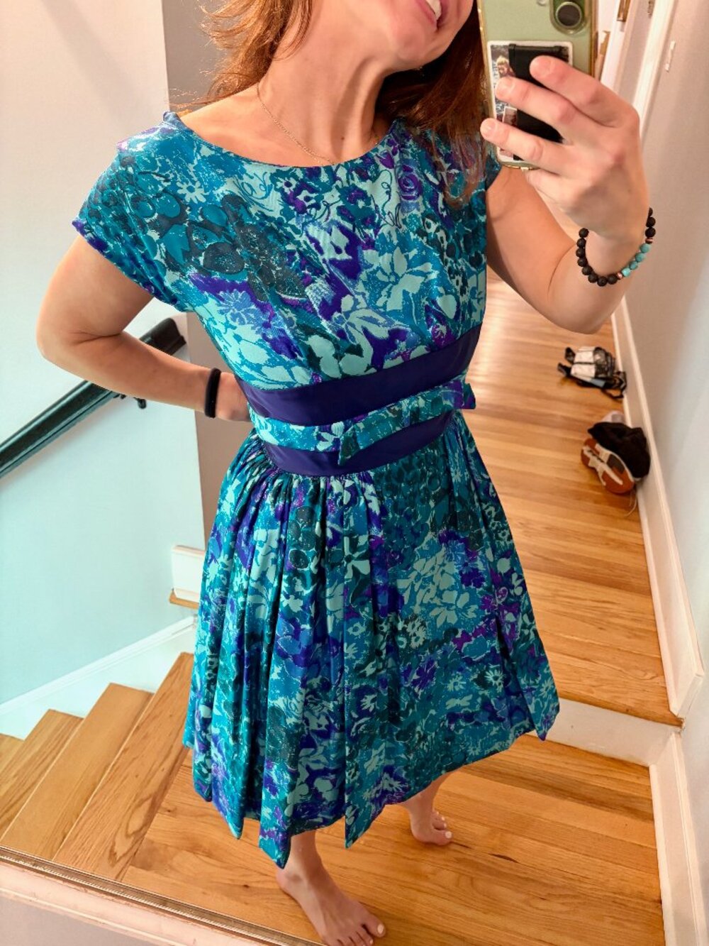 Vintage Early 1960s Mr. Mort Blue Floral Party Dress Satin Waist Fit & Flare